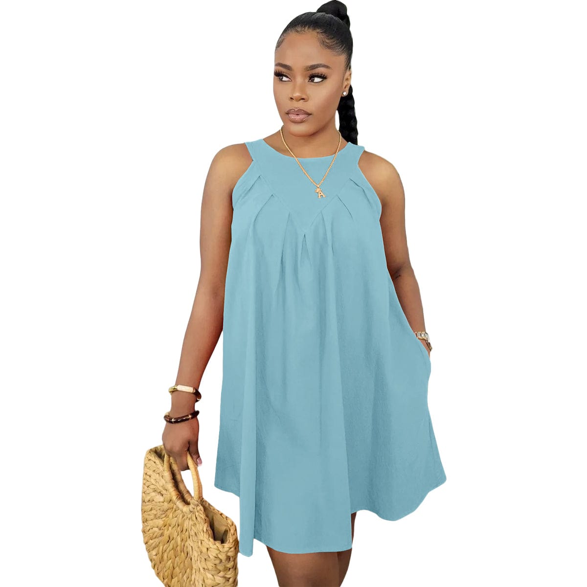 M / Sky Blue Popular Clothing 2022 New Sleeveless Solid Color Sleeveless Cotton Pocket Loose Dress