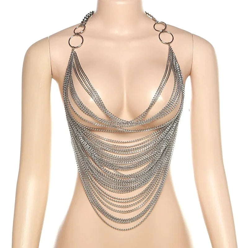 M / sliver New Arrival Stylish Personality Metal Chain Halter Neck Backless Sexy Cutout Small Vest