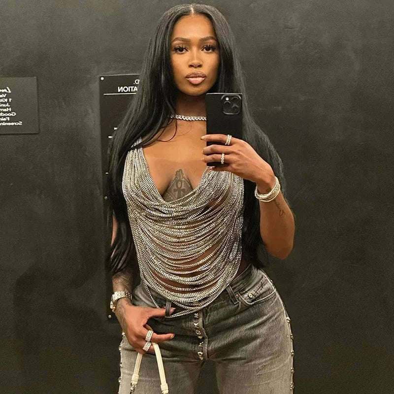 M / sliver New Arrival Stylish Personality Metal Chain Halter Neck Backless Sexy Cutout Small Vest