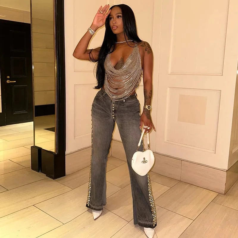 M / sliver New Arrival Stylish Personality Metal Chain Halter Neck Backless Sexy Cutout Small Vest