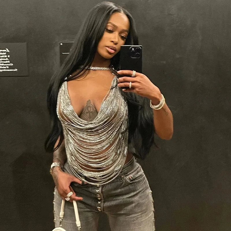M / sliver New Arrival Stylish Personality Metal Chain Halter Neck Backless Sexy Cutout Small Vest