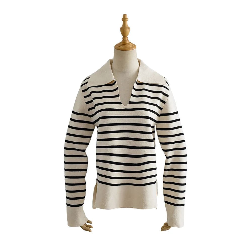 M / Stripe Luluxixiyaya Women V neck Sailor Collar Pullover Stripe design Sweater