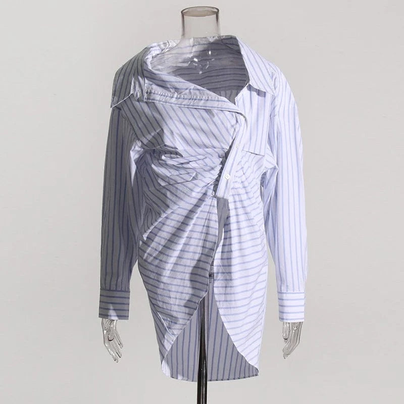 M / striped CHICEVER Elegant Blouses Diagonal Collar Long Sleeve Patchwork Single Breasted Tops And Blouse For Women