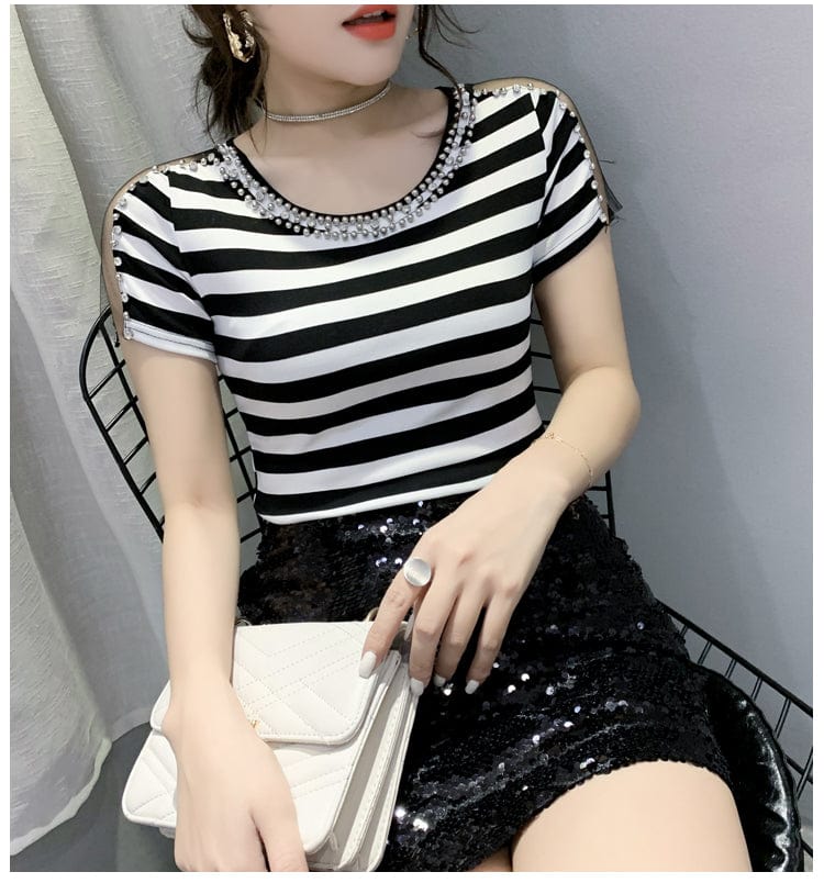 M / Striped New 2022 T-Shirt Women Handmade Diamonds Beading Mesh Patchwork On Sleeve Women Tops Tees Short Sleeve Summer T25503