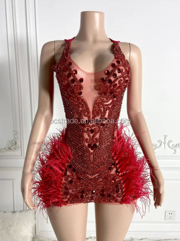 M / TH0826006 red Ocstrade Bling Mini Dresses Club Party Luxury Handmade Custom Sexy Light Blue Birthday Dress For Women Rhinestone With Feathers