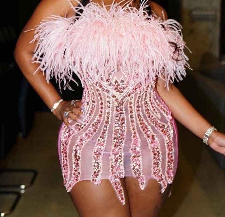 M / TH0826073Pink Ocstrade Off The Shoulder Glitter Full Body Rhinestone Blue Colour Club Dress Elegant Feather Birthday Dresses For Girls 21Th