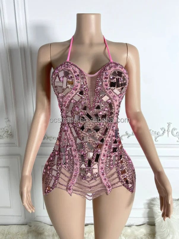 M / TH0916056 Pink Ocstrade New Style Sparkly Rhinestone Night Club Party Dress Sequined Halter Sexy Open Back Lace Up Bodycon Mini Prom Dress