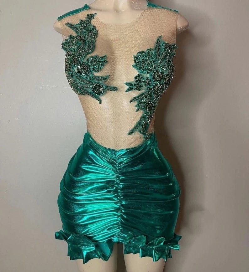 M / TH23110801 green Ocstrade Fashion Design Luxury Rhinestone Club Dress Mesh See Through Sexy Ruched Pleated Short Dress Party Clubwear