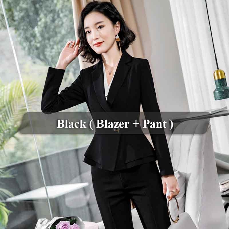 M / Two-piece Black Suit China Factory Burgundy Wholesaler 2 Piece Set Simple Formal Pant Suit Blazer Office Lady Designs Women Ruffles Jacket and Pant