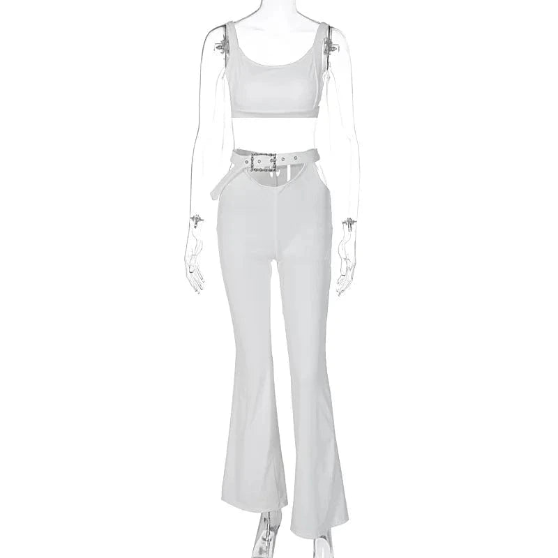 M / White 2023 Autumn Fashion Womens Two Piece Sets Solid Color Crop Top Tight Flared Trousers Women Sports Outfits