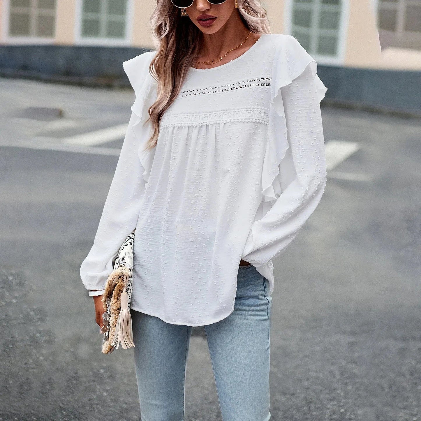 M / White 2023 Autumn Winter Temperament Casual Long Sleeved Top Round Neck Ruffled Trim Loose Women Blouse