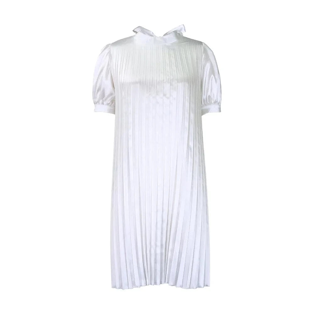 M / White 2023 Summer New Fashion Loose Casual Strappy Pleated Dress Women's  Crew Neck Short Sleeves Casual Dress