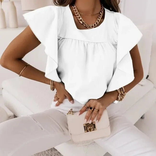 M / White 2023 Summer Solid Color Simple Round Neck Flying Sleeve Loose Woman Shirt Sweet Girl Office Top