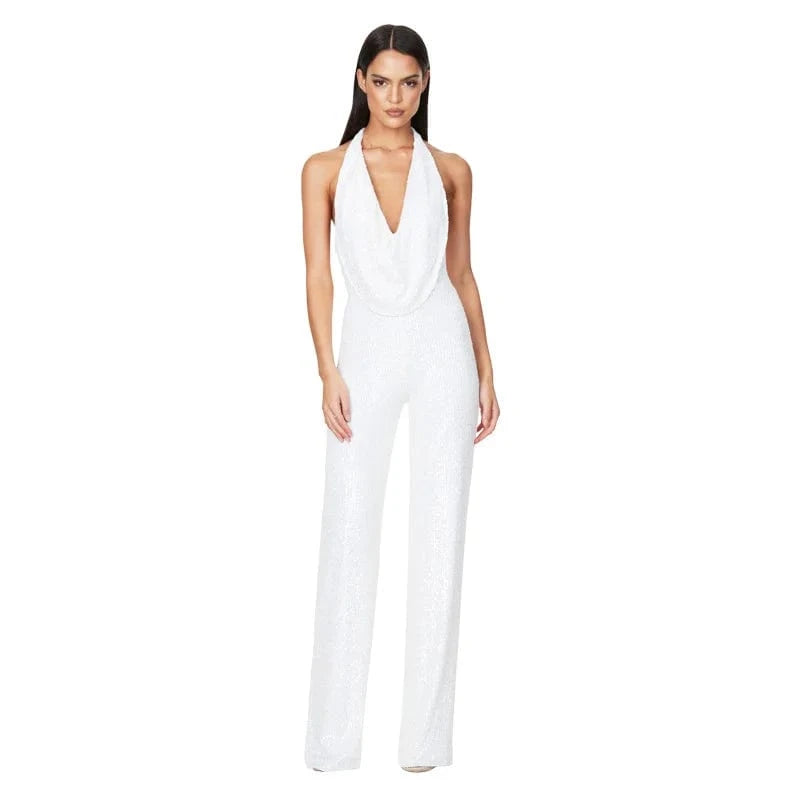 M / White 2024 Fashion Women Casual Hot Sale Sleeveless Neck Hanging Long Straight Pants One Piece Solid Color Casual Sequin Jumpsuit
