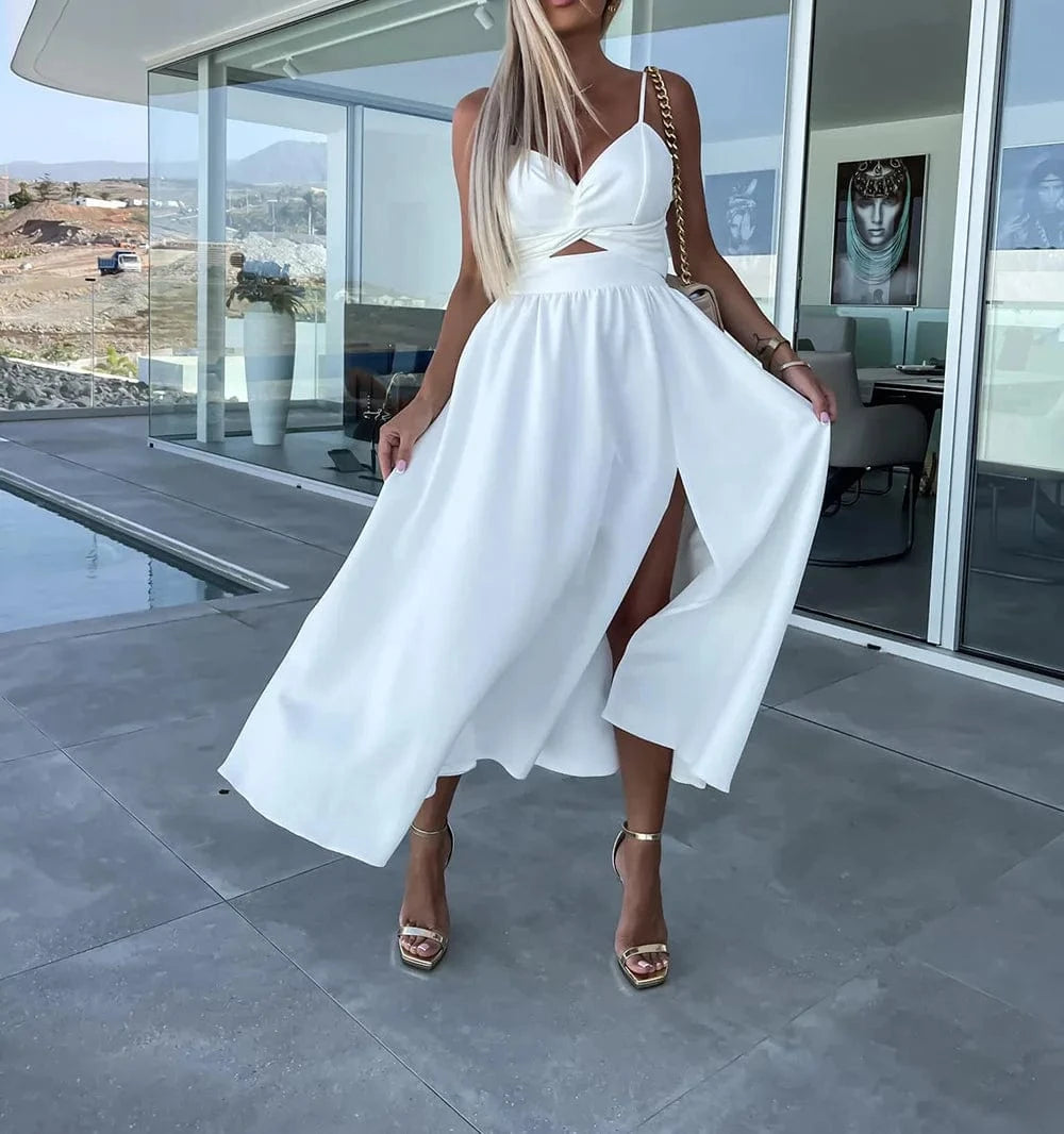 M / White 2024 Hot Sale Elegant Dress New Women's Suspender V-neck Large Swing Dress Close-fitting Backless Mid-length Dress