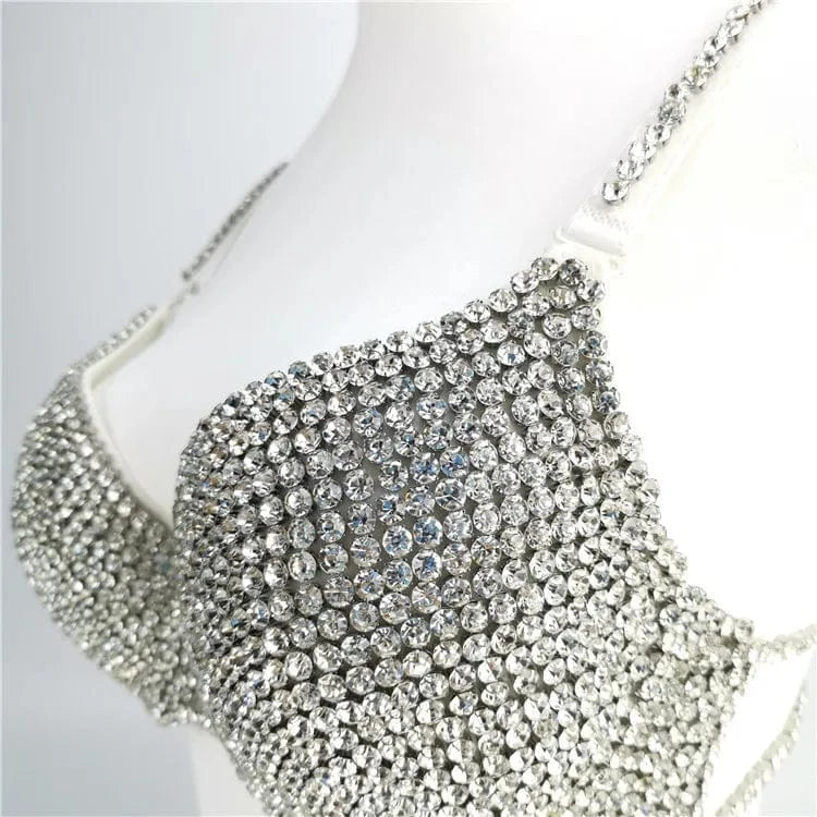 M / White / 42 As Photo Showed Crystal Diamond Decoration Night Club Womens Bra And Panties Sexy Lingerie