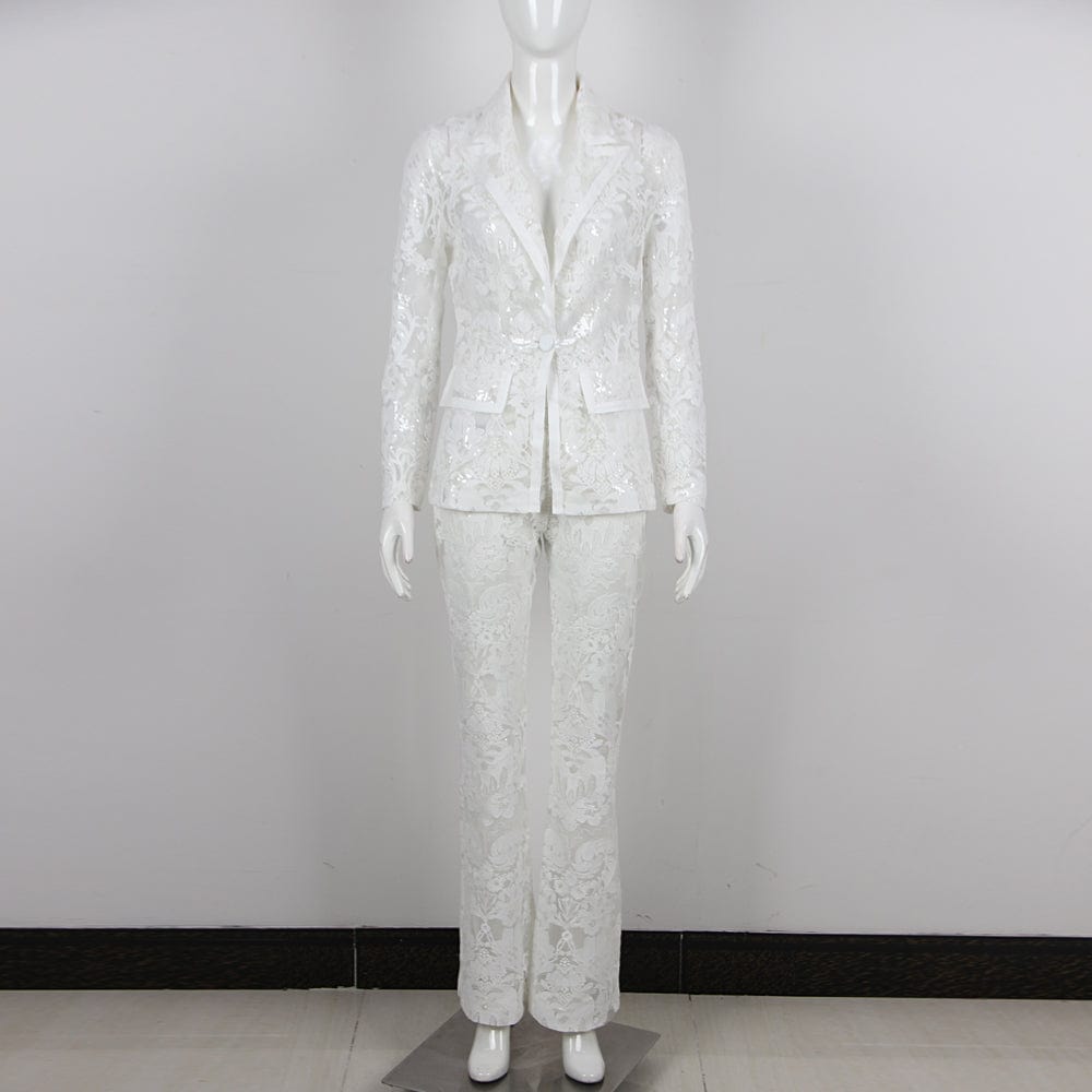 M / White Autumn and Winter Elegant Ladies White Lace Sequin Tuxedo Suit and Pants Sets Women Blazer Set
