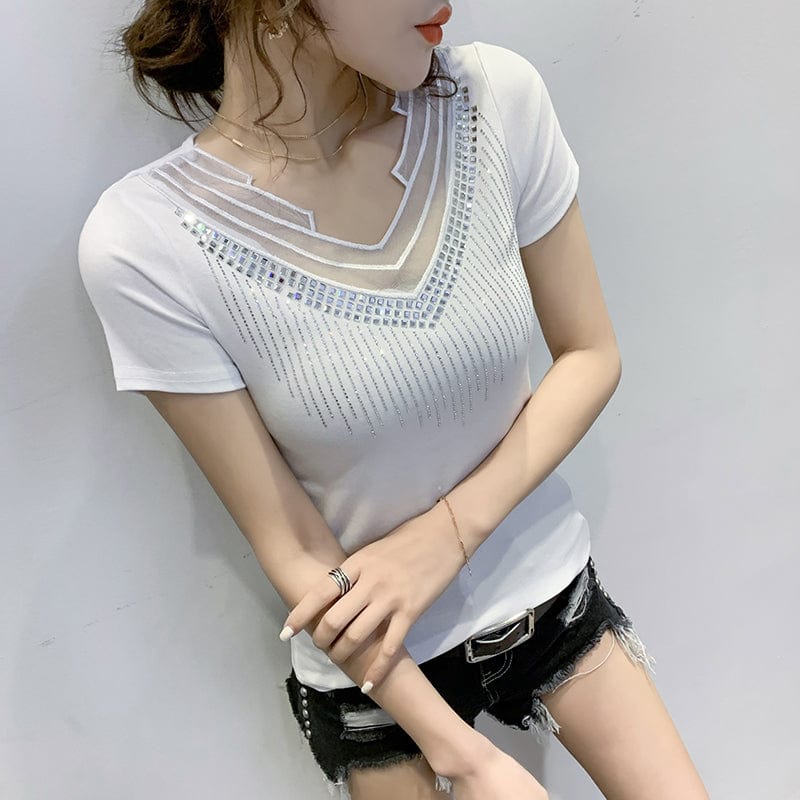 M / White Black T-Shirt Women New V-neck Handmade Diamonds Beading Rivet Mesh Transparent Sexy Women Tops Tees Short Sleeve Summer T25504