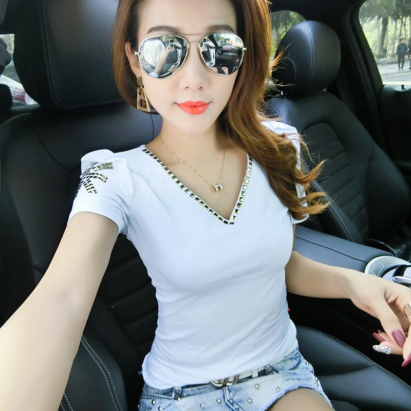 M / White Black T-Shirt Women New V-neck Handmade Rivet Beading Sexy Transparent Back Wings Women Tops Tees Short Sleeve Summer T25908