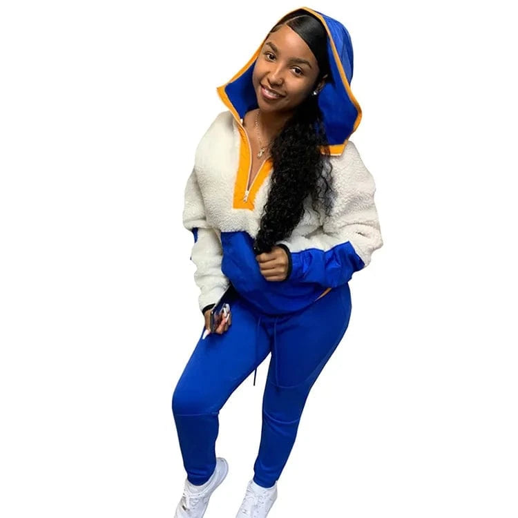M / White Blue Lamb Hair Sweater Two Piece Set Women Clothing Hooded Patchwork 2 Piece Pants Set for Ladies