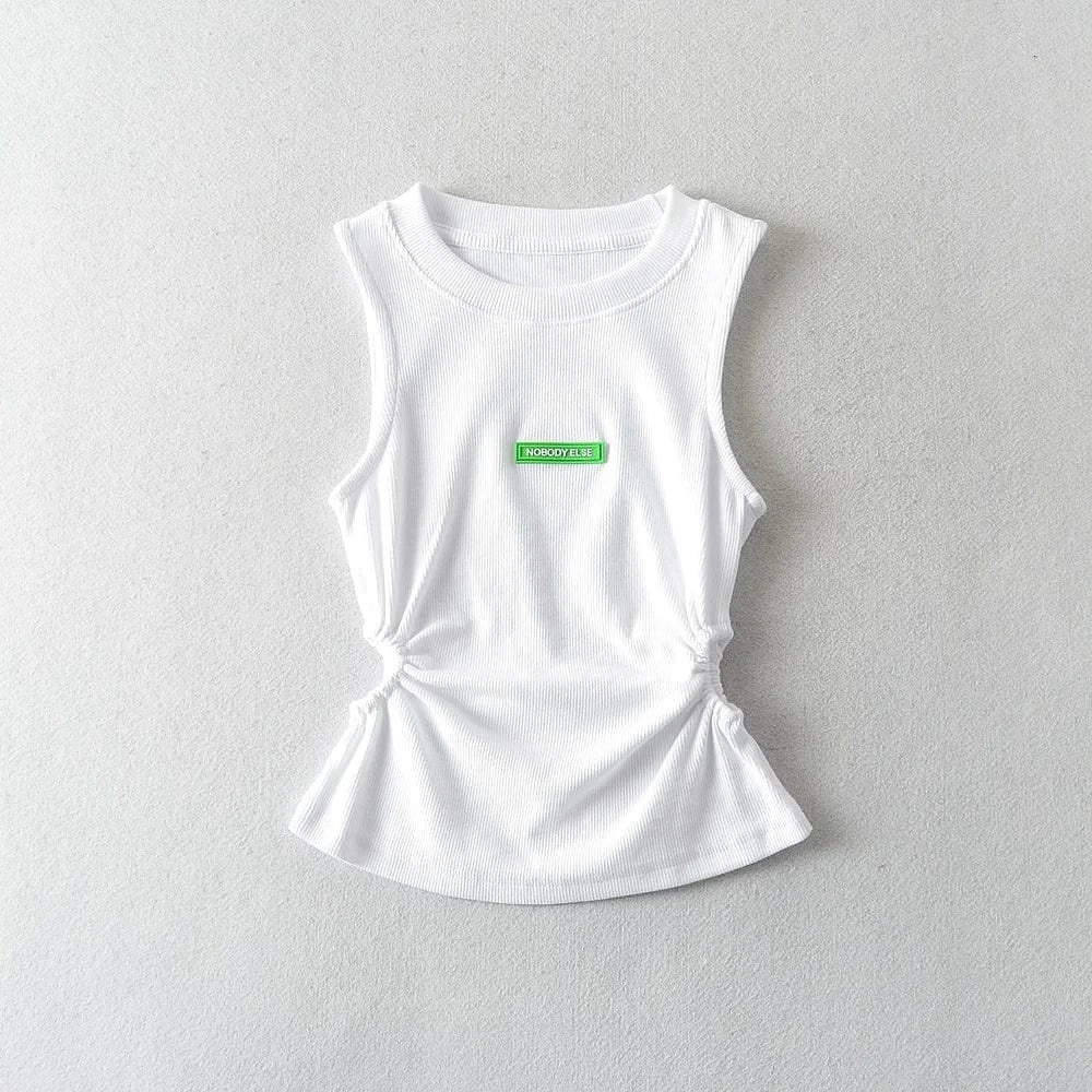 M / White Casual Style Rubber tag Sleeveless Crew Neck Ruched Basic Tank Top Tight Waist Shirt Women's Tank Top