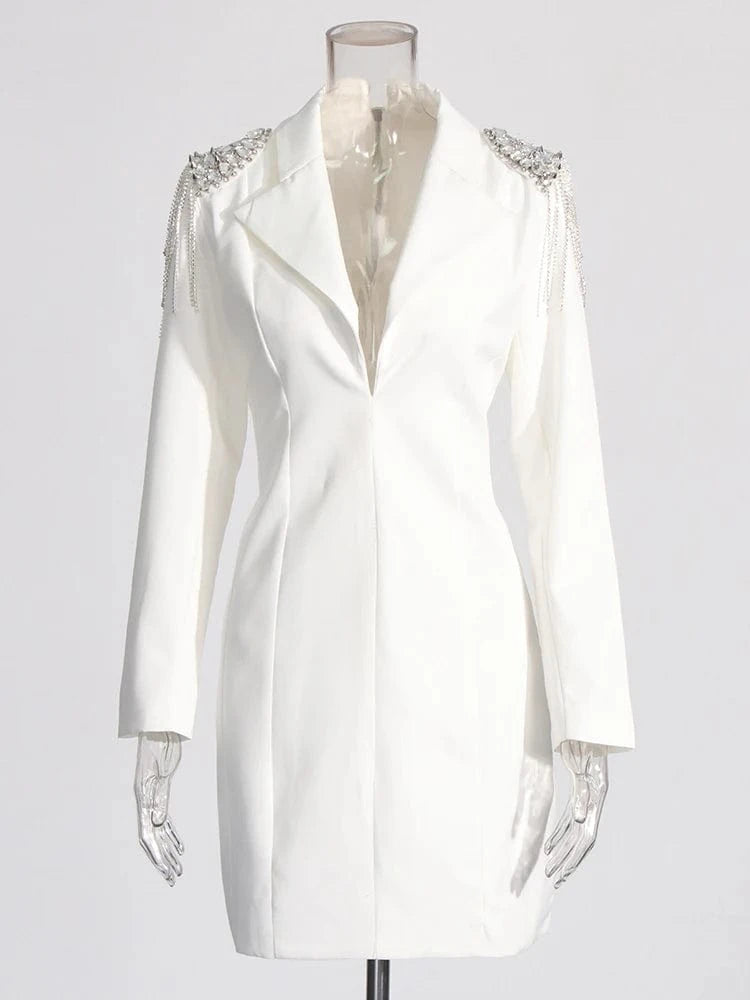 M / White CHICEVER Casual Lady Elegant Spliced Diamonds Lapel Long Sleeve High Waist Blazer Dresses Women