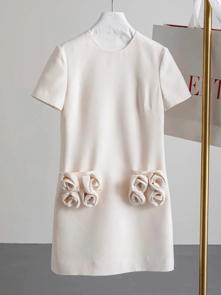 M / White CHICEVER Elegant O Neck Short Sleeve High Waist Patchwork Zipper Slim Solid Color Dresses Summer Dress For Women