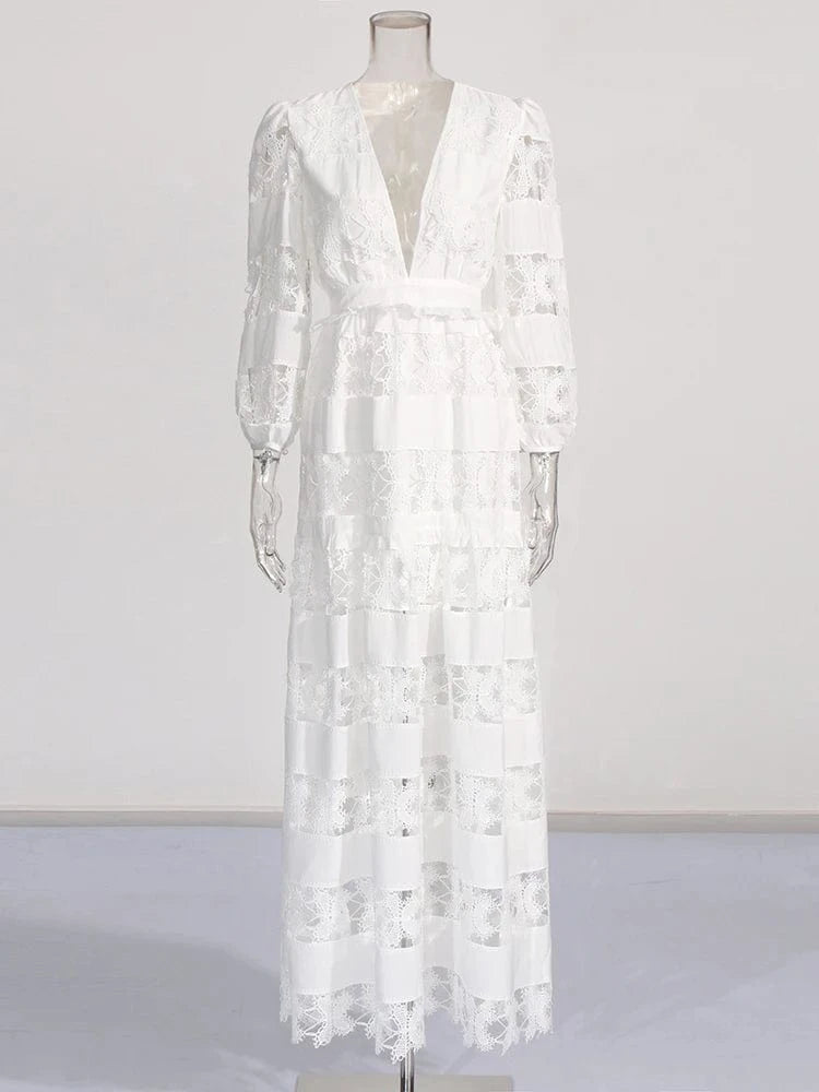 M / White CHICEVER Fashionable V Neck Slim High Waist Long Sleeve Dresses Long Dress For Women