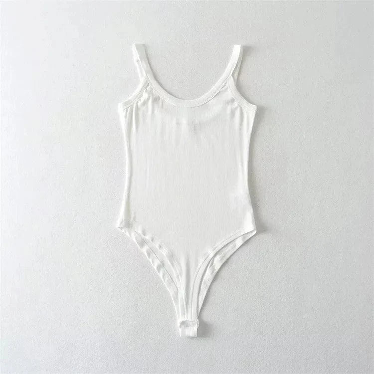 M / White Custom Logo Bodysuit Top Women's Casual Workout Bodysuits for Women Solid Sleeveless Ribbed Knit Bodysuit