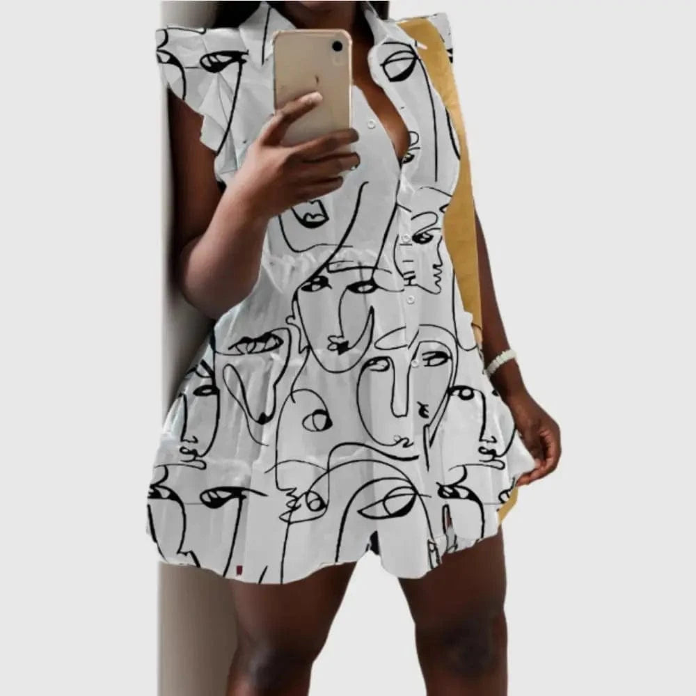 M / White D0814TA10 Ready Stock Floral Print Turn Down Collar Sleeveless Small Ruffles Button Mini Dresses Sehe Fashion