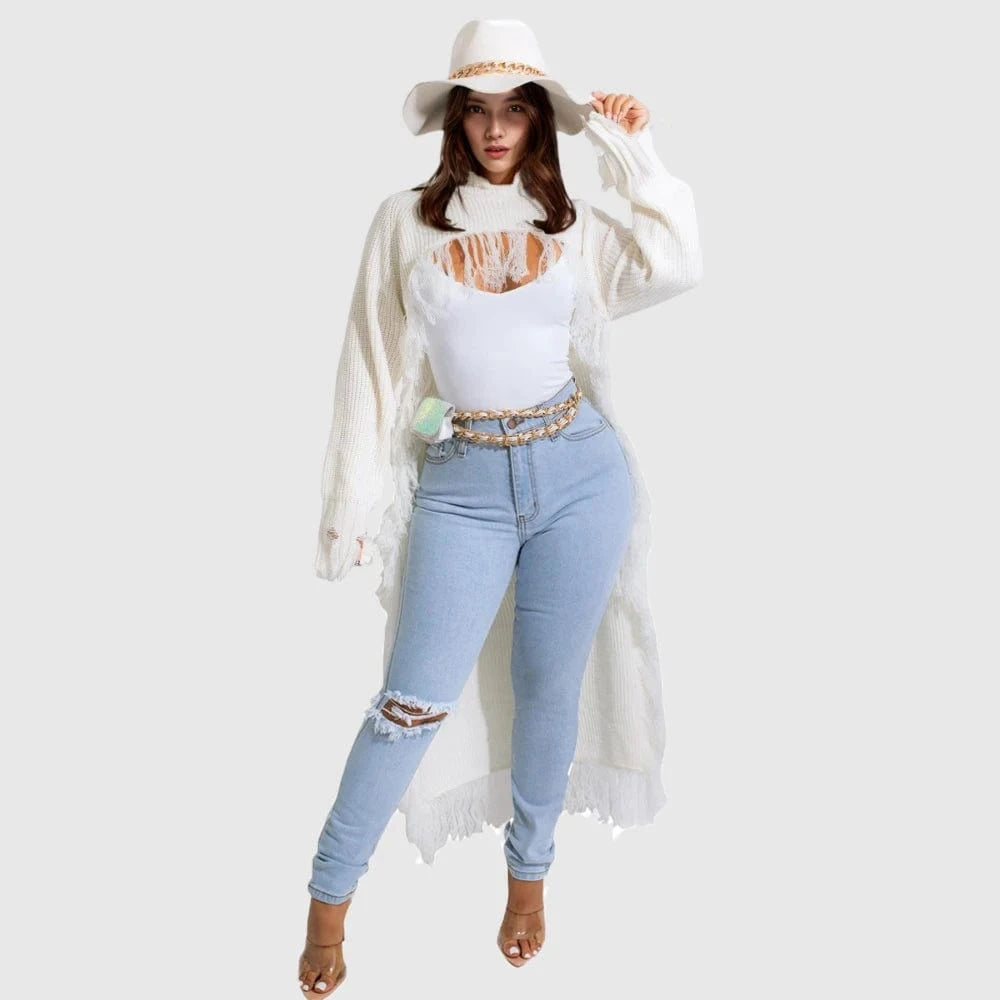 M / White D1211TA07 Solid Color Long Sleeve Casual Hollow Out  Tassel Turtleneck Long Sweater Sehe Fashion