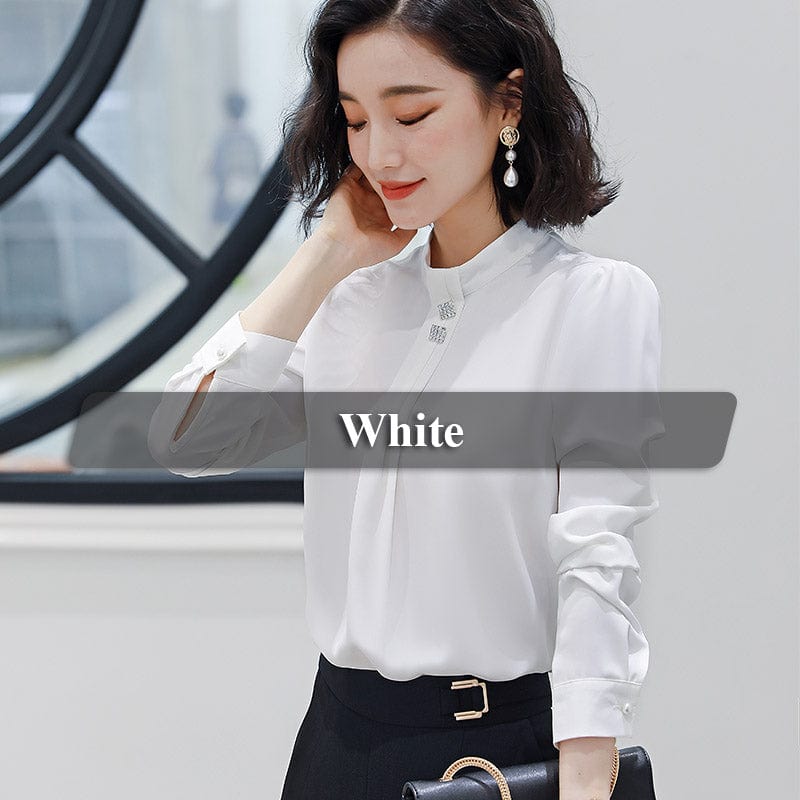M / White Dropship Soft and Comfortable Shirt Long Sleeve High-quality Blouse with Diamond Office Lady Work Wear Green Top for Women