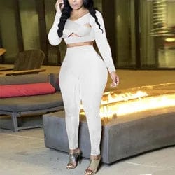 M / White EB-2023 new090903   Fall Two Piece Sets For Women Hollow Out Sexy Suits Fall And Winter Nightclub Women Sets Female Two Piece Fall Set