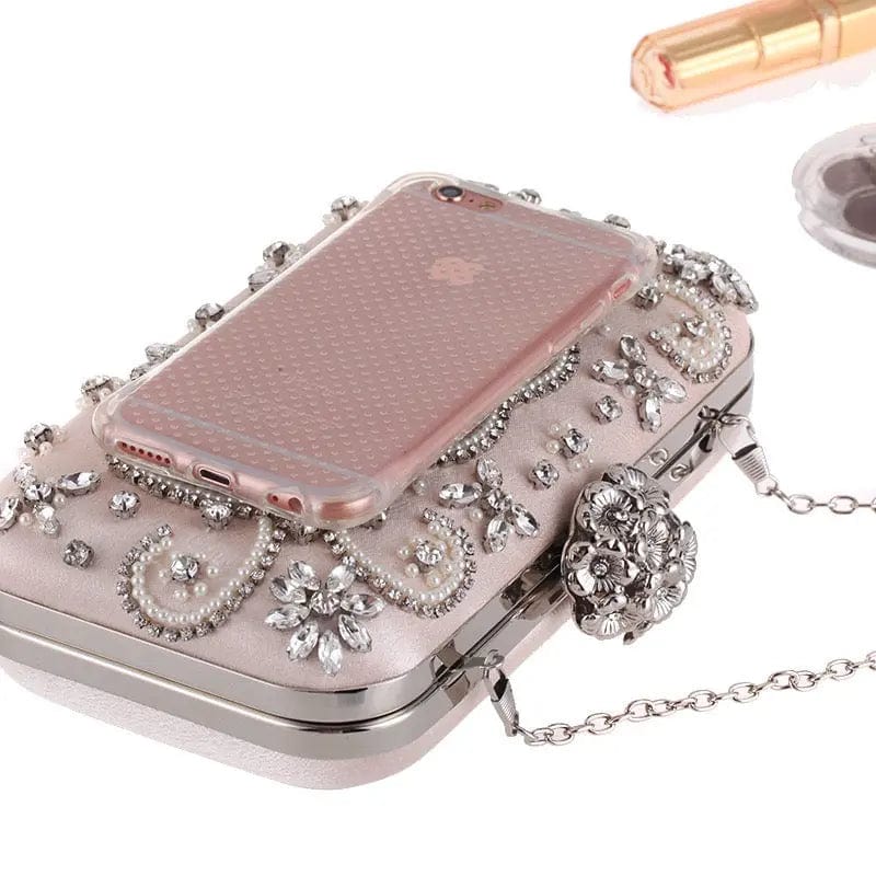 M / White Elegant European Style Luxury Diamond Bags Stone Beaded Clutch Purse For Women Flowers Wedding Evening HandBags