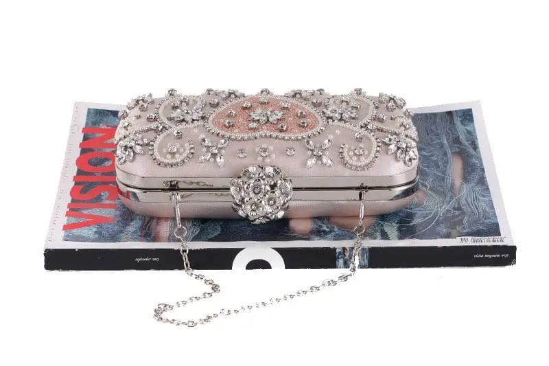 M / White Elegant European Style Luxury Diamond Bags Stone Beaded Clutch Purse For Women Flowers Wedding Evening HandBags