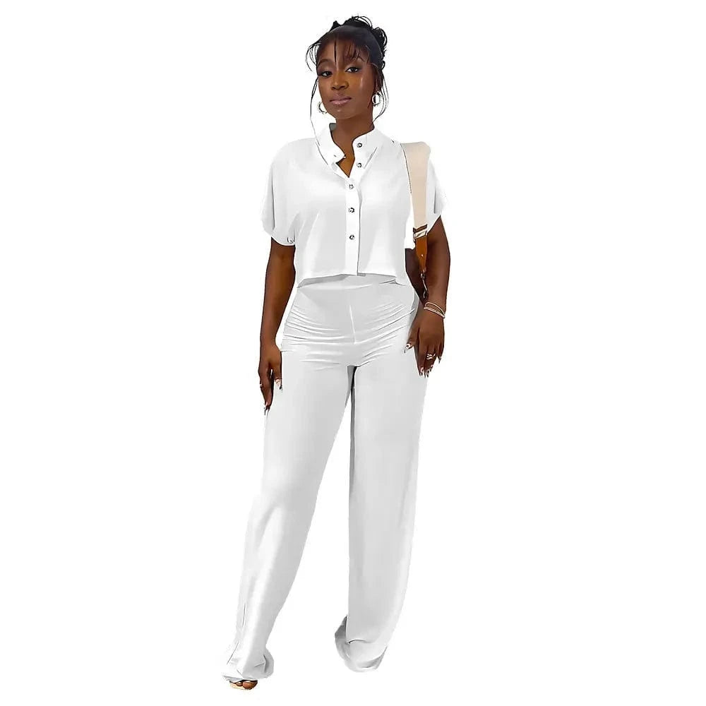 M / White Europe And The United States Cardigan Top Solid Color Straight Women'S Pants Casual Two-Piece Set
