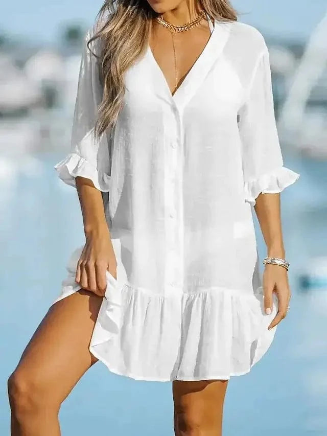 M / White European and American 2023 Summer New V-neck Ruffled dress Solid color Beach skirt ins Sun-proof blouse For women