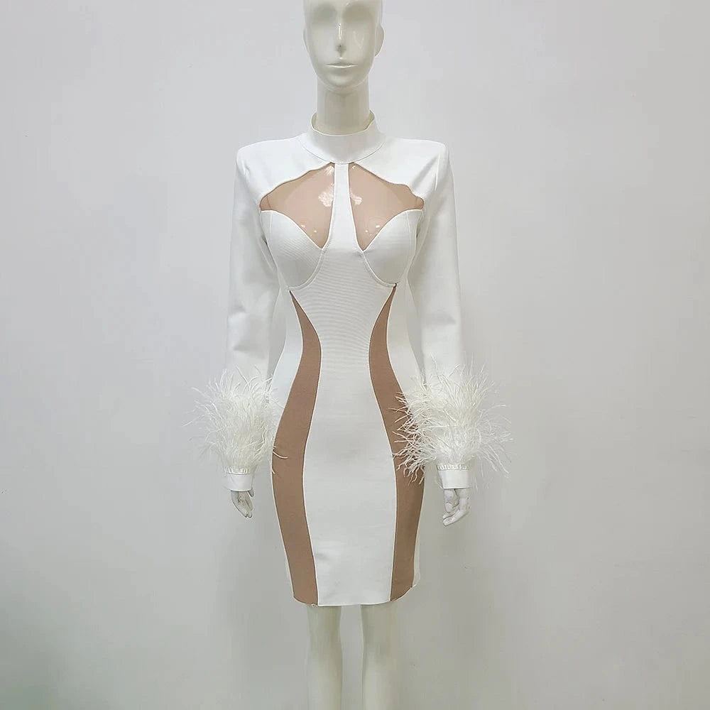 M / White Fashion Party Clothing Celebrity Elegant Long Sleeve Evening White Feathers Women Party Dress