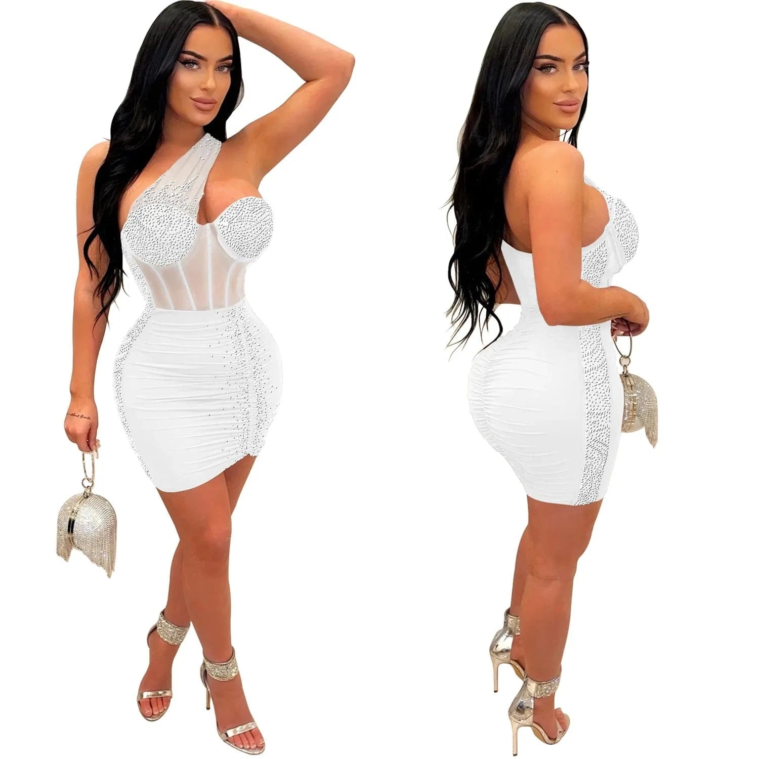 M / White Fashion Solid Color Beaded Rhinestone mesh party bodycon mini dress sexy club wear for women 2023