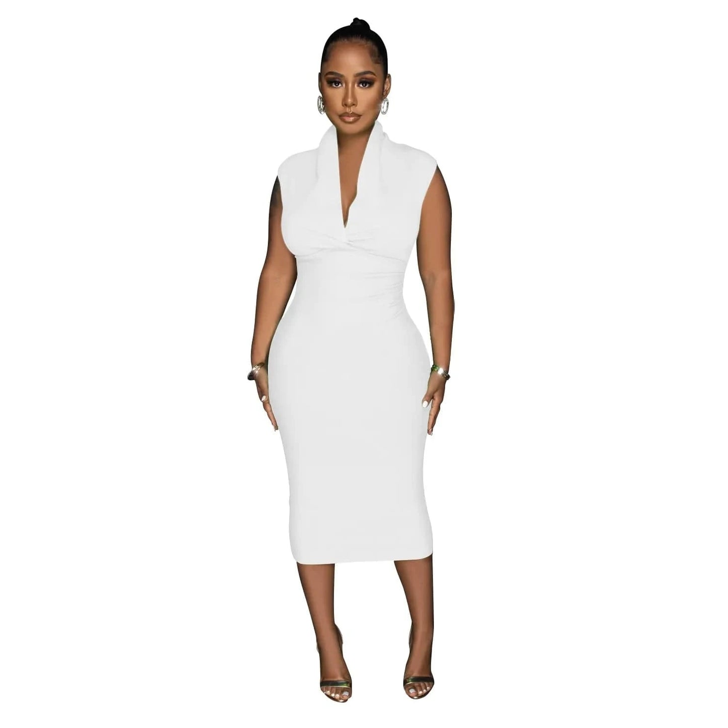 M / White Fashion Women'S Solid Color Deep V Sleeveless Pleated Long Casual Dresses