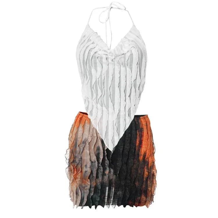 M / White Halter Strap Backless Belly Pocket Mini Straight Pleated Cow Blinds Skirt Set Spicy Girls Sexy Party Dress 2Pcs