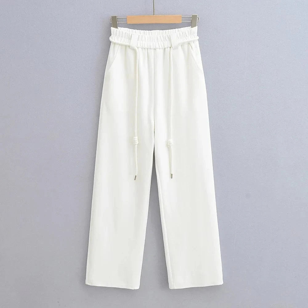 M / White High Quality Wide Legs Ladies Sweatpants Waist Loop Drawstring Back Pocket Elastic Waistband Female Trousers Joggers Women