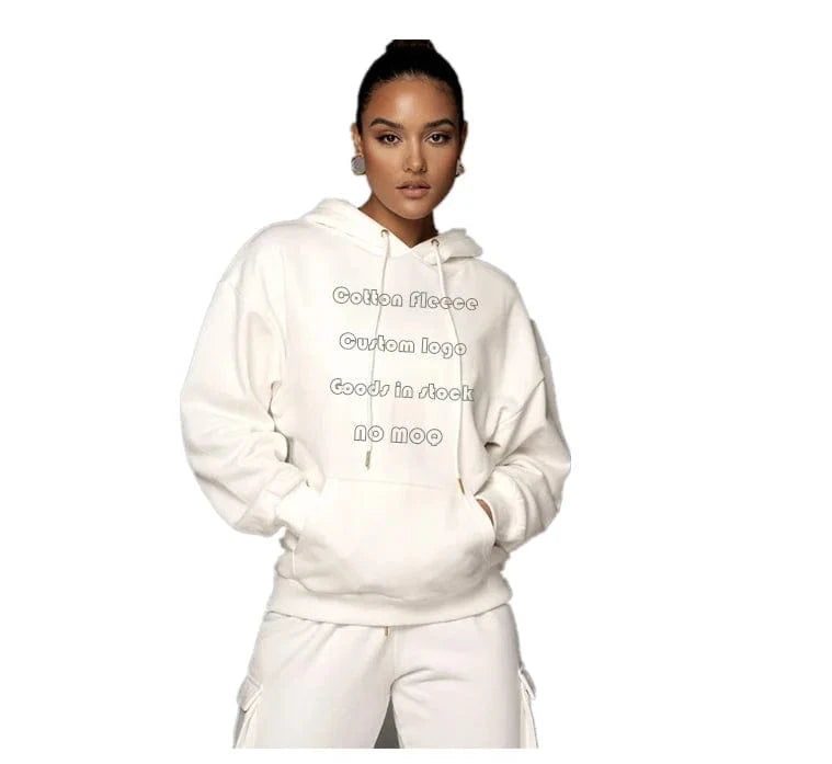 M / White hoodie Winter Two Piece Pant Set Women Long Sleeve Hoodie Lounge Set 330GSM Fleece Anti Pilling Jogger Sweat Pants
