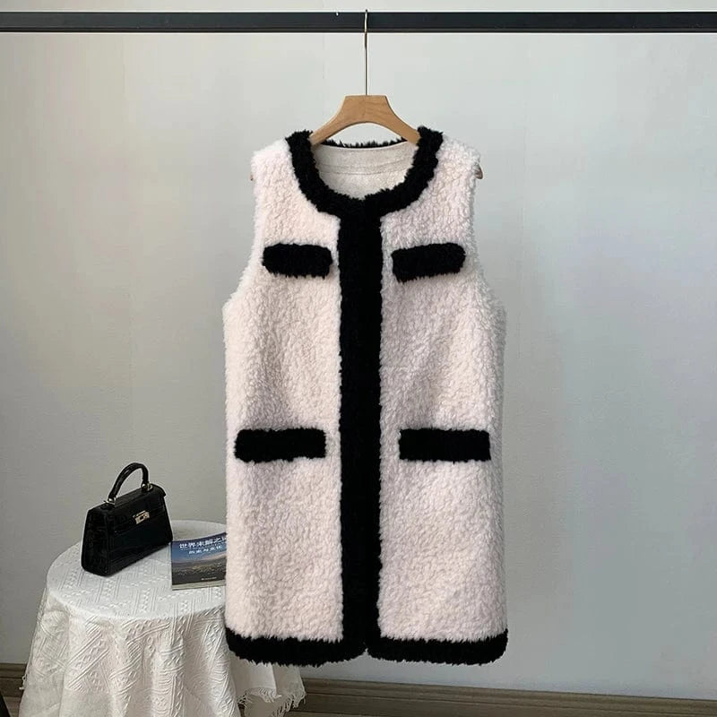 M / White JT3311 Women's Real Wool Fur Winter Vest Coat Female Girl Warm Sheep Shearling Fashion Waistcoat Jacket