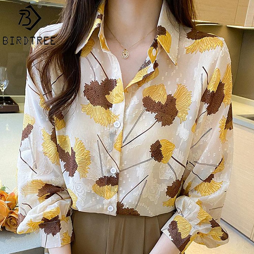 M / White Lantern Long Sleeves Women Printing Shirt 2022 Autumn New Style Long Sleeves Female Loose Chiffon Blouses Tops T27612X