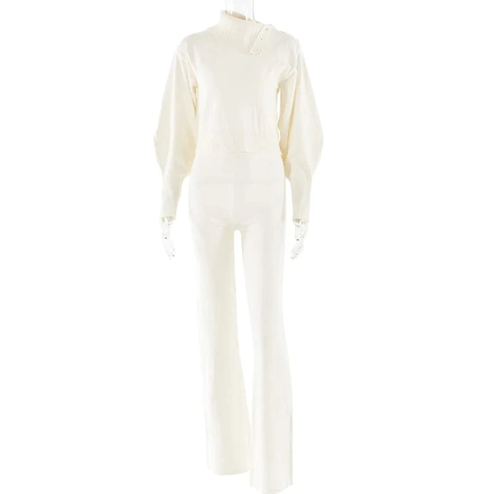 M / White Liu Ming Hot Trending Products 2024 Women Fall Winter Knitted Two Piece Irregular Button Lapel Sweater Flare Pants Matching Set