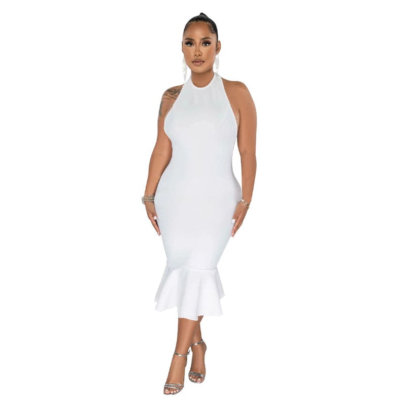 M / White modest women white long summer 2023 casual halter neck bodycon fishtail dress free shipping korean style street wear clothing