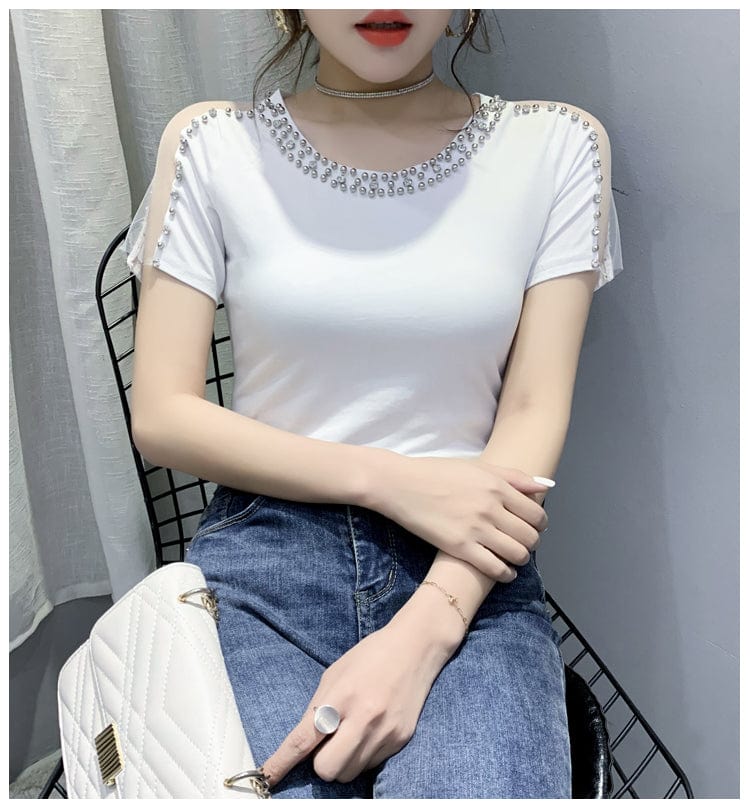 M / White New 2022 T-Shirt Women Handmade Diamonds Beading Mesh Patchwork On Sleeve Women Tops Tees Short Sleeve Summer T25503