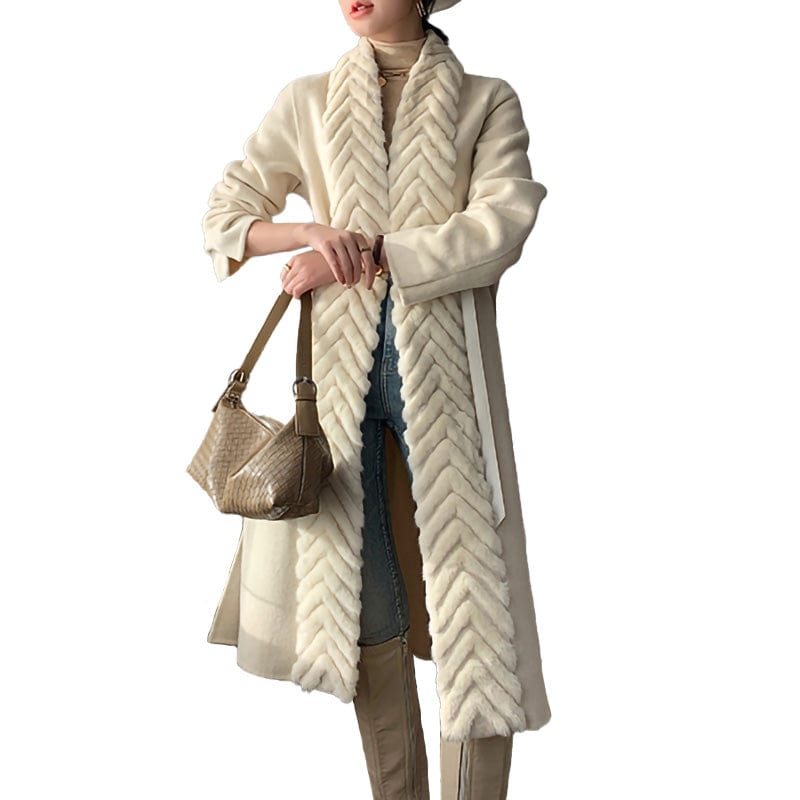 M / White New Arrival Elegant Mink Fur Collar Winter Long Wool Cashmere Coats Women