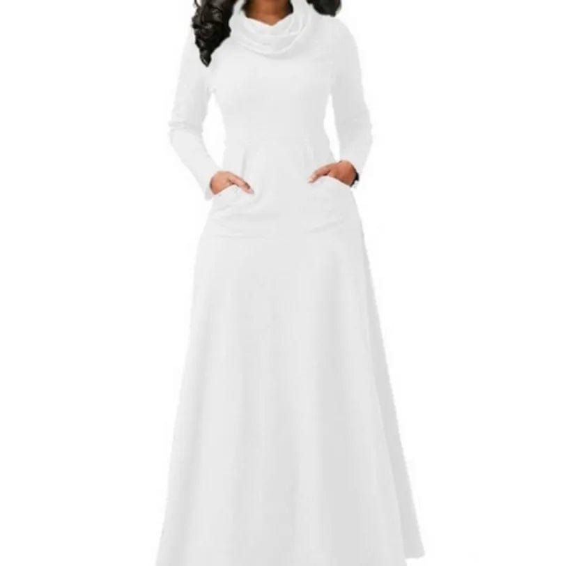 M / White New Popular Autumn Winter Fashion Casual Pocket Large Size Long Sleeve Solid Color Long Dress 2023